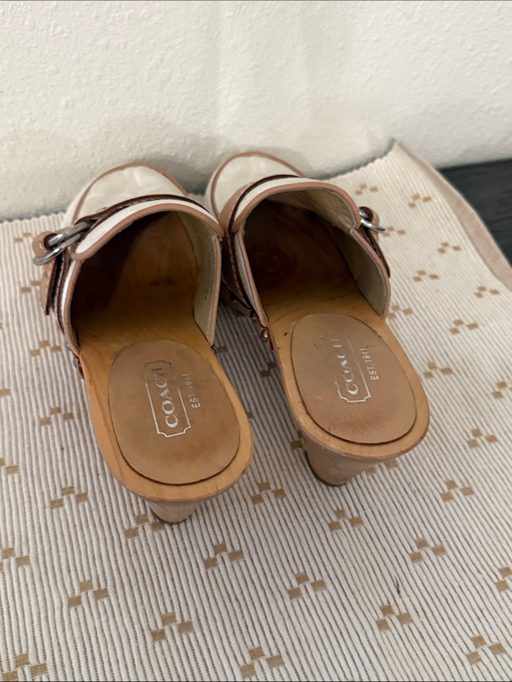 Coach Raina Signature Jacquard Wooden Clogs Mules Tan White Size 7 - Picture 8 of 14